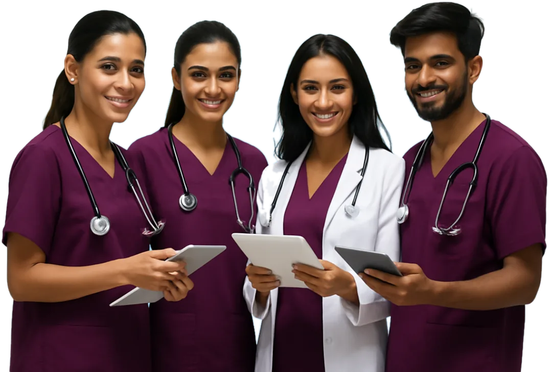 The Punarvas care team: nurses and a doctor in purple scrubs